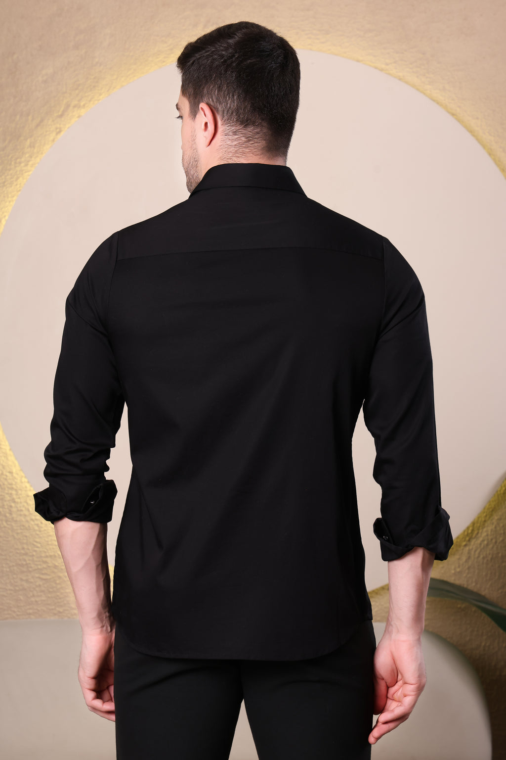 BLACK SATIN BEADED PLACKET PARTY SHIRT (PWY234)