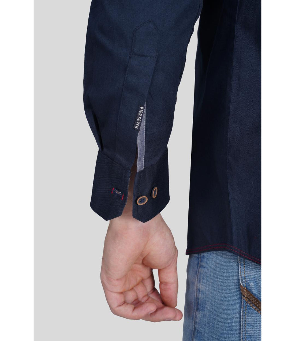 Premium Navy Blue Casual Shirt for Men | Embroidered Regular Fit Cotton Shirt (CWY065)